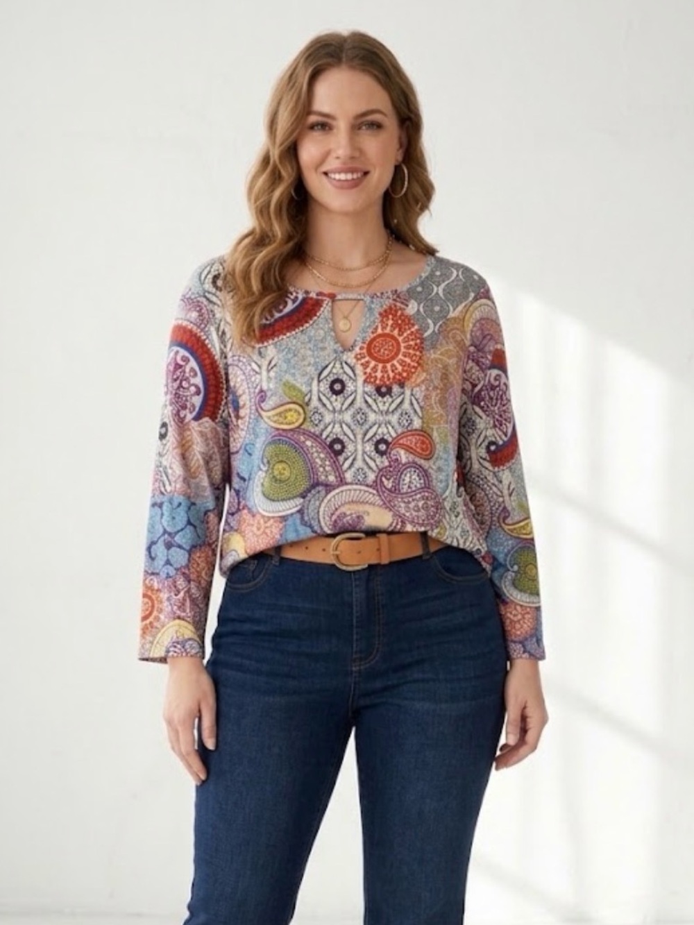 Chico's Boho Medallion Paisley Keyhole Long Sleeve Tunic